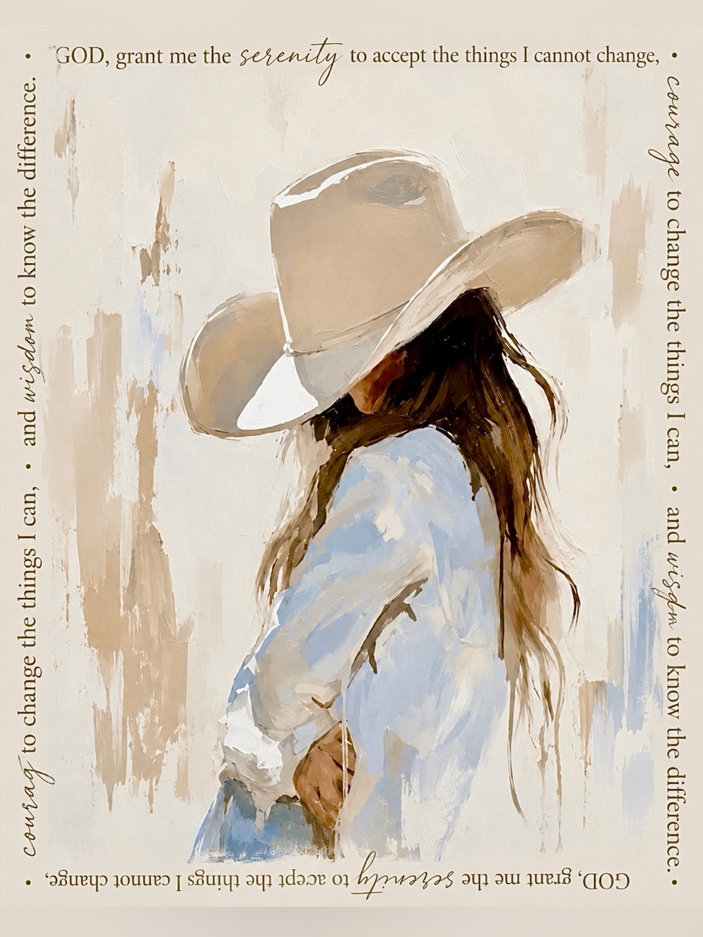 The Serenity Prayer | Neutral Cowboy Hat Woman Art Print - Inspirational Quote